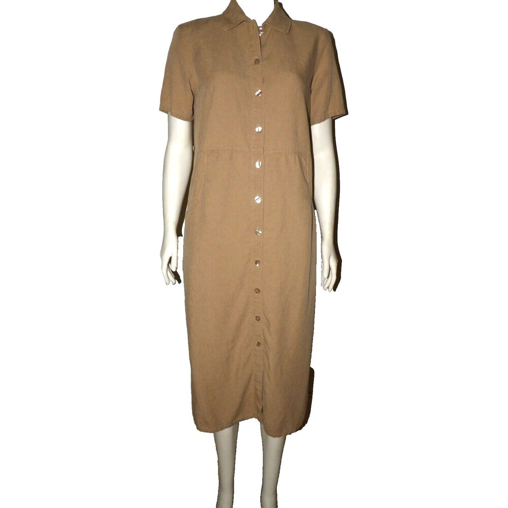 Talbots Petites Size 8 Linen Blend Tan Shift Dress Button Dress Safari Collared